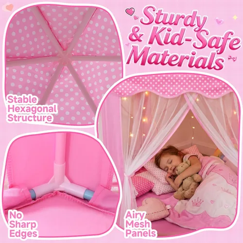 Miniatura 4 de wilwolfer Tienda de campaña tipo castillo de princesa para niñas, tienda de campaña hexagonal grande para jugar, casa de juegos con luces de Tienda