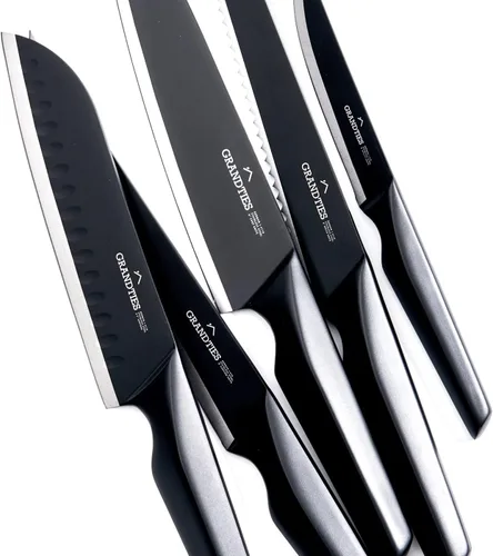 Miniatura 4 de GRANDTIES Juego de cuchillos de cocina negros antiadherentes de 7 piezas con bloque de madera y afilador, acero inoxidable alemán de alto carbono