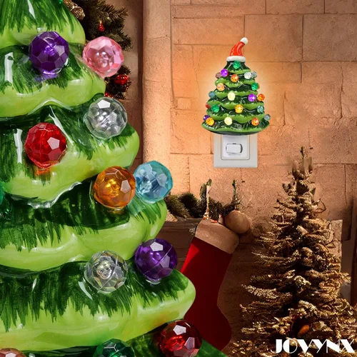Miniatura 6 de Luz nocturna de cerámica para árbol de Navidad, paquete de 2 luces nocturnas de Navidad con enchufe de 6.3 pulgadas, árboles de Navidad de cerámica