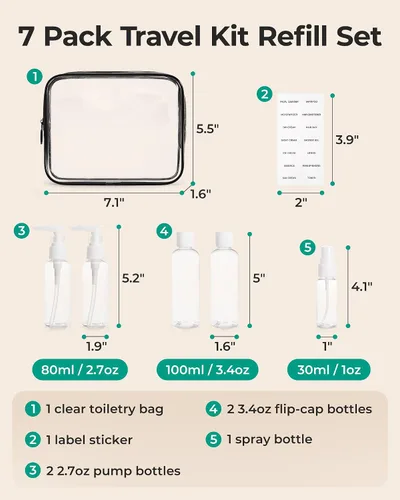 Miniatura 3 de BAGSMART Paquete de 7 bolsas de aseo transparentes con juego de botellas de viaje recargables, bolsa de aseo de viaje aprobada por la TSA, repelente