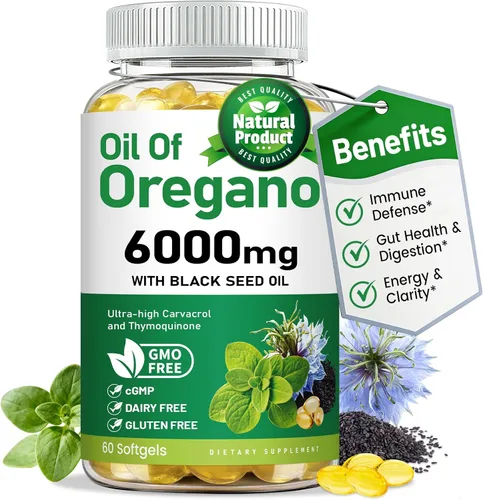 vivcmin Cápsulas blandas de aceite de orégano con aceite de semilla negra, cápsulas de aceite de orégano para apoyo inmunológico y digestivo,