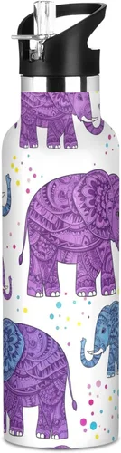 Kids Water Bottle with Straw for School 20 Oz Bottle for Boys Girls, BPA-Free, Cute Purple Elephants Purple Blue
