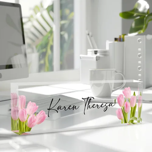 Miniatura 2 de Placa de nombre de oficina personalizada, regalos personalizados para mujeres y empleados, accesorio de escritorio de oficina (Tulipán Rosa)