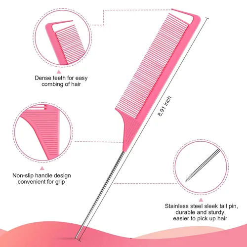 Miniatura 4 de Juego de 4 peines para el cabello, cepillo de cerdas para borde, peine de cola de rata y peine de dientes anchos para mujeres, niñas y hombres, Rosa