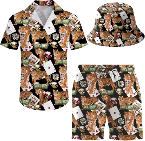 Miniatura 27 de Conjunto deportivo de 2 piezas para hombre, camisa hawaiana, pantalones cortos, camisa con botones y pantalones cortos con sombreros de pescador