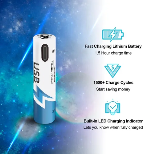 Miniatura 5 de Paquete de 4 baterías de litio recargables AAA USB-C, batería recargable de litio de 750 mWh, salida constante de 1.5 V, carga rápida de 1 hora
