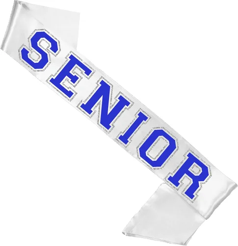 Miniatura 3 de RhinestoneSash Senior Sash Blue - Royal and Silver Sparkle White PREMIUM GRADE SATIN Sahes - High School Team Sports