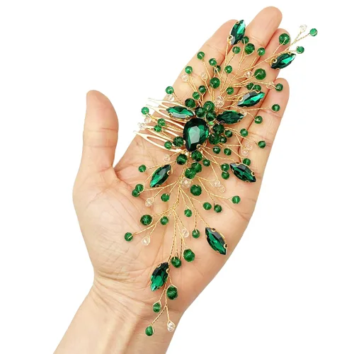 Miniatura 6 de Peine de pelo de novia de cristal verde dorado para novia, accesorios para mujeres y niñas, fotografía de fiesta (verde)