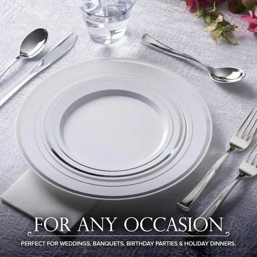 Miniatura 6 de Platos llanos de plástico blanco y plateado de 10.25 pulgadas (paquete de 100) – Juego desechable elegante y resistente para 100 invitados – Boda