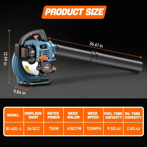 Miniatura 3 de SENIX 4QL Soplador de hojas portátil a gas de 4 ciclos de 26.5 cc para limpieza del cuidado del césped, hasta 410 CFM y 125 MPH, peso ligero, mango