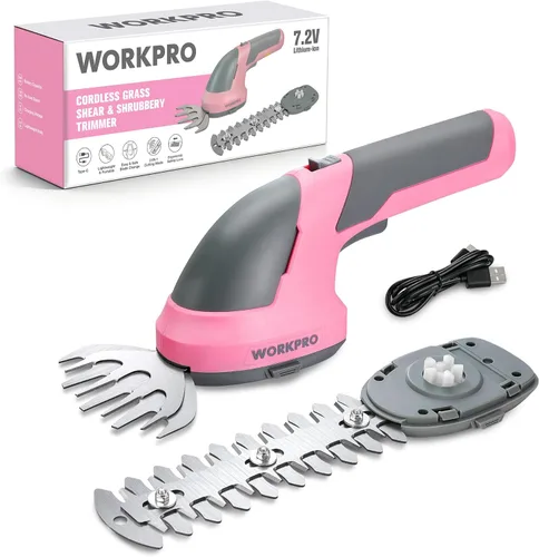 WORKPRO - Cizalla manual 2 en 1 para césped, setos y arbustos, inalámbrica, de 7.2 V, cizalla eléctrica con batería de litio recargable, incluye Rosa