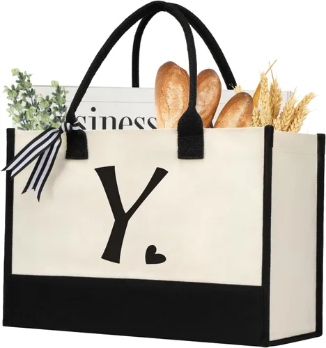 Miniatura 23 de shenee - Bolsa de lona con inicial, bolsa de yute personalizada para la playa, regalo de vacaciones para mujeres, cumpleaños de amigos, boda, año