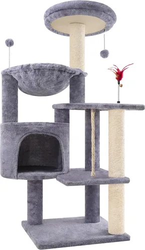 Miniatura 9 de TWDEPART Torre de árbol para gatos todo en uno de 37.5 pulgadas con tabla de rascar y postes, acogedora hamaca para dormir y pelotas de juguete
