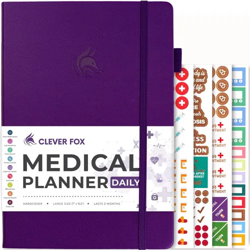 Clever Fox Planificador médico diario – Cuaderno de diario de salud, diario de bienestar y cuaderno de registro de autocuidado, dura 3 meses, 7 x