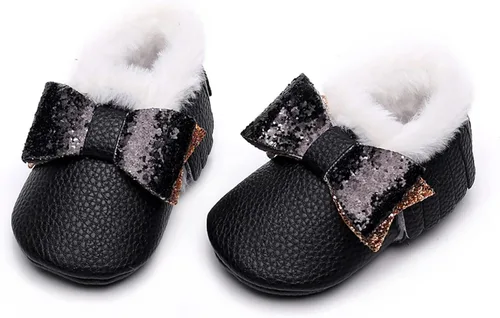 Miniatura 4 de Botas para niños caminantes para niñas con lazo de nieve para primer bebé zapatos anchos de felpa para bebé color negro 0-3 meses
