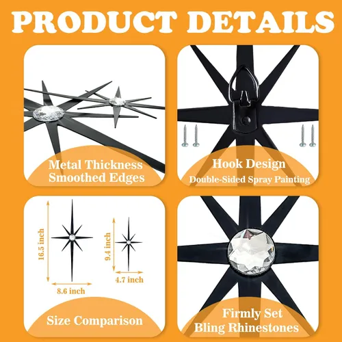 Miniatura 4 de 4 piezas de escultura de pared de arte de estrella de metal, decoración de pared de explosión de estrella de 8 puntas, diamantes brillantes