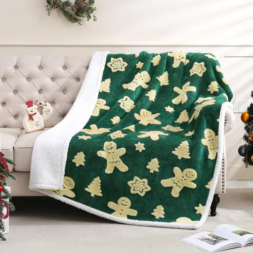 Miniatura 2 de SOCHOW - Manta de forro polar sherpa con jacquard navideño de jengibre, manta de felpa reversible, cálida y difusa, muy suave, para la cama, el sofá