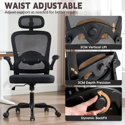 Miniatura 8 de Silla de oficina ergonómica con soporte lumbar ajustable 3D, respaldo alto de malla, reposacabezas giratorio de 75°, función mecedora, capacidad