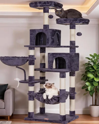 Miniatura 15 de Heybly Poste rascador para gatos, torre de árbol pequeño para gatos con 3 postes de sisal completos, cama de felpa extraíble, cepillo de aseo