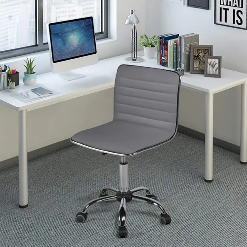 Miniatura 2 de Yaheetech Silla de oficina moderna de piel sintética sin brazos, 2 piezas, ajustable, con respaldo bajo, giratoria, ruedas rodantes, color gris