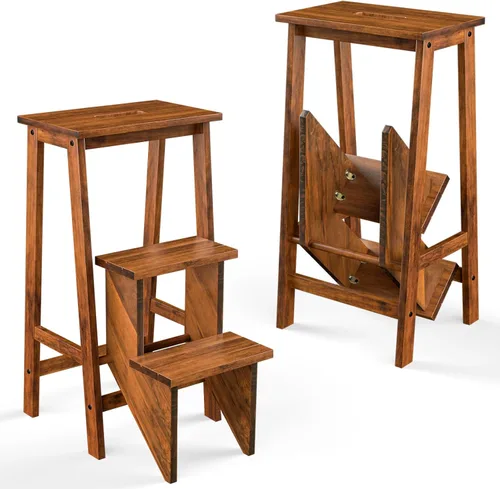 Miniatura 11 de Taburete plegable de madera de 3 escalones, escalera antideslizante portátil, escalera plegable de madera, estante de flores multifuncional y silla