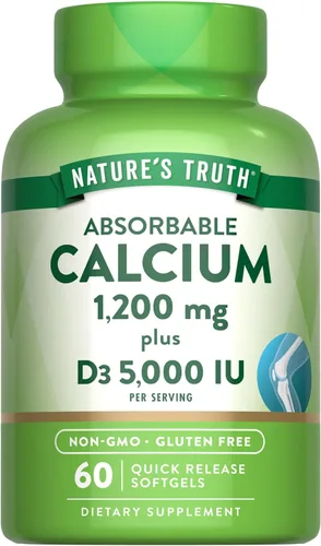 Nature's Truth Calcio 1200 mg con vitamina D3 5000 UI | 60 cápsulas blandas | de carbonato de calcio | Suplemento sin OMG y sin gluten