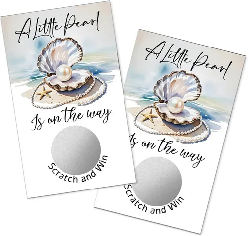 TOUNER Juego de 50 piezas de A Little Pearl is On The Way Silver Scratch Off, revelar diseño de perlas, boletos de rifa temática de baby shower,