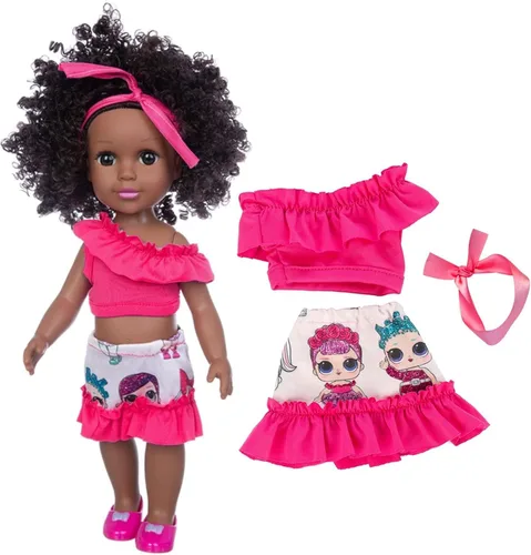Miniatura 6 de XFEYUE Muñeca negra de 14.5 pulgadas y 2 juegos de accesorios de ropa, muñeca afroamericana para bebé, incluye gafas, cámara, bolsa y zapatos