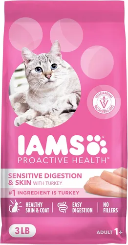 Iams IAMS PROACTIVE HEALTH - Alimento seco para gatos adultos para digestión sensible y piel con pavo real, croquetas para gatos, bolsa de 3 libras
