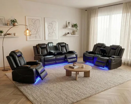 Miniatura 21 de Juego de sofá reclinable eléctrico con LED, juego de sofá de cuero transpirable para sala de estar, juego de sofá reclinable con puerto USB, Negro