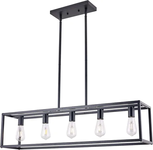 Lámparas de Cocina para Comedor, Candelabros Rectangulares de Estilo Granja para Comedores, Lámpara Colgante Industrial de 5 Luces en Negro Mate