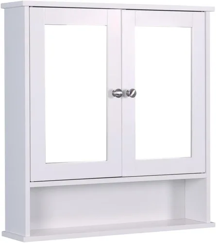 Miniatura 2 de Botiquín de baño montado en la pared con puertas de espejo dobles, Armario de baño colgante de madera con puertas y estantes, gabinete de espejo