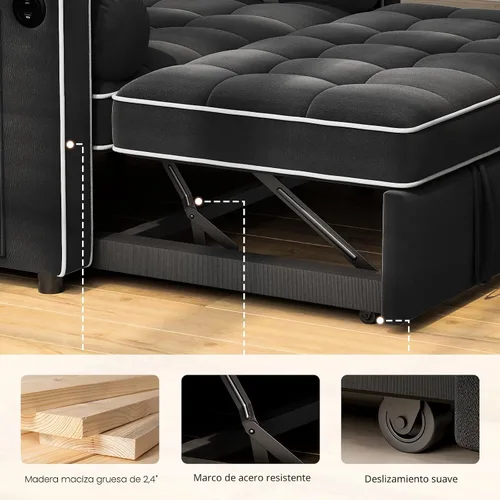 Miniatura 3 de Pipishell Sofá cama 3 en 1, sofá cama extraíble para sala de estar con puertos USB y bolsillos laterales, respaldo ajustable, sofá biplaza