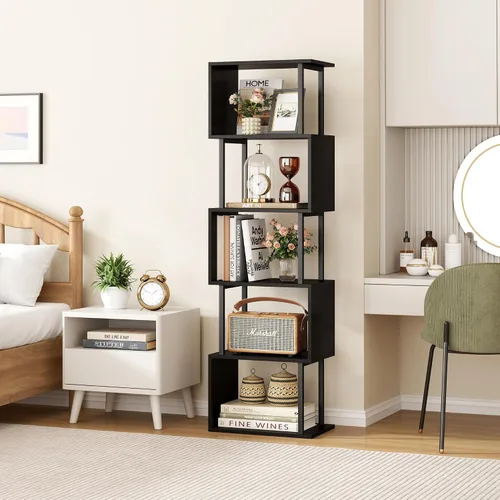 Miniatura 7 de Yusong Estantería de 5 niveles, estantería geométrica en forma de S para dormitorio, estante decorativo de madera moderna para oficina en casa, Negro