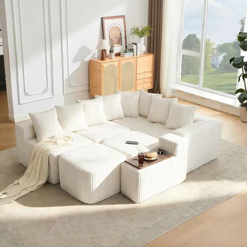 Miniatura 2 de Sofá seccional de 137.5 pulgadas, sofás modulares sin hueso para sala de estar, cómodo sofá de pana de felpa de asiento profundo, moderno sofá