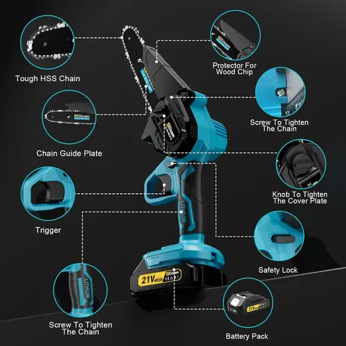 Miniatura 7 de Mini motosierra inalámbrica sin escobillas, motosierra eléctrica de mano de 6 pulgadas con 2 baterías y engrasador automático, herramienta