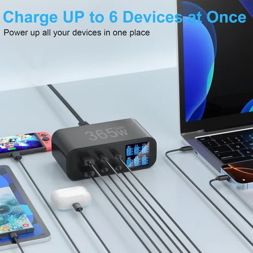 Miniatura 3 de Cargador USB C de 6 puertos con pantalla LED de brillo ajustable, estación de carga USB, cargador rápido multipuerto PD 100 W 65 W QC 3.0 compatible