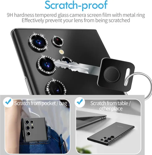 Miniatura 5 de Bling - Protector de lente de cámara para Samsung Galaxy S22 Ultra solamente, cubierta de anillo de lente de ajuste completo con película de Negro