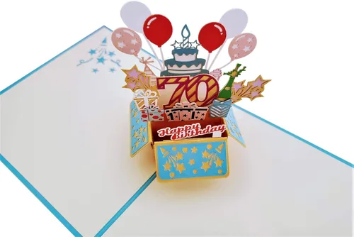 Miniatura 6 de iGifts And Cards Tarjeta desplegable 3D de 70 cumpleaños: caja de fiesta azul centro de mesa de champán - Saludo de hito para padres, abuelos