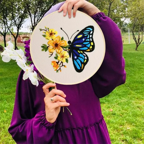 Miniatura 5 de MIKIMIQI Paquete de 3 kits de bordado con patrón, kit de bordado estampado de flores y mariposas que incluye telas de bordado, aros de bambú, agujas