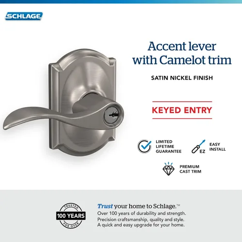 Miniatura 4 de SCHLAGE - Manija Accent con cerradura de entrada con llave y moldura Camelot en níquel satinado - F51A ACC 619 CAM