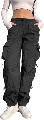 Lepunuo Pantalones de paracaídas para mujer, pantalones cargo holgados con cordón elástico en la cintura Y2K, pantalones deportivos con bolsillos