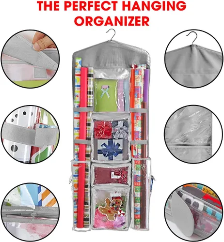 Miniatura 4 de Almacenamiento de papel de regalo para colgar sobre la puerta, organizador de papel de regalo, bolsas de regalo, lazos de cinta y accesorios de 40 x