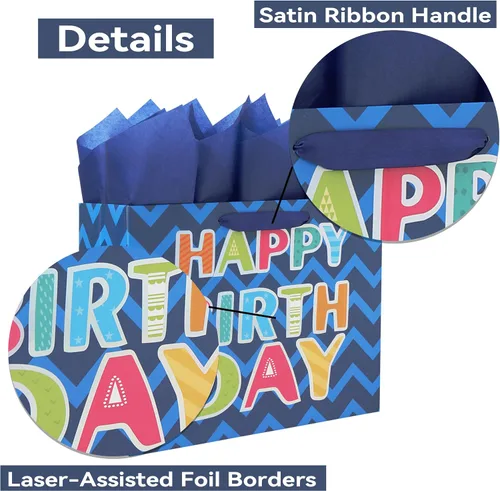 Miniatura 4 de Qirrmiy Juego de bolsa de regalo azul grande de 13 pulgadas con tarjeta de felicitación y papel de seda blanco (lámina láser 'Happy Birthday')