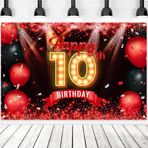 Cartel de feliz cumpleaños 10 años, fondo rojo y negro, decoraciones de cumpleaños para niñas y niños de 10 años, artículos de fotografía para