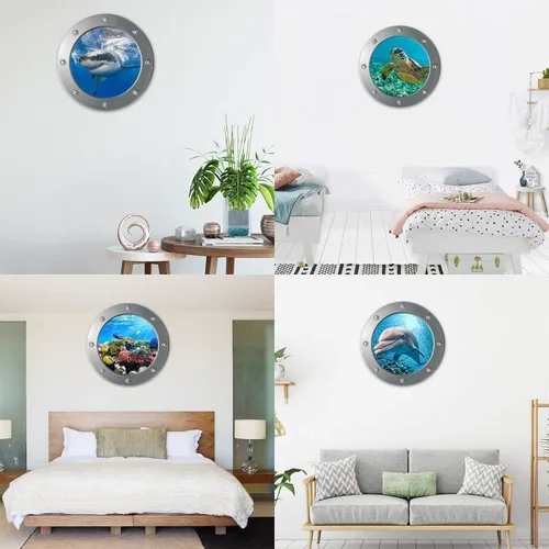 Miniatura 3 de Calcomanías adhesivas redondas 3D para ventana de ojo de buey de 11 pulgadas, tema oceánico (tortuga marina, tiburón, delfín), calcomanías vinuales