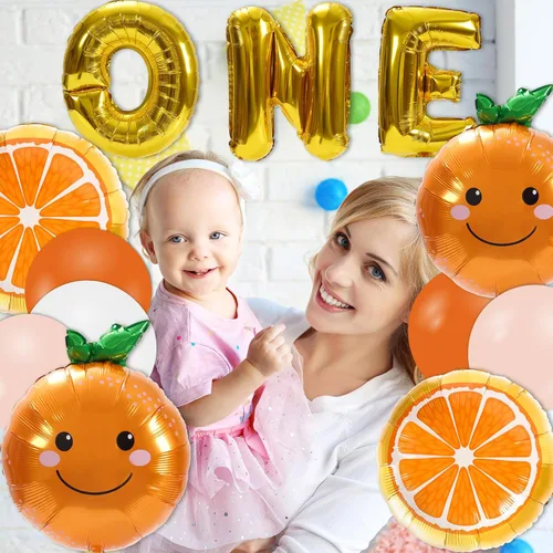 Miniatura 5 de Whaline 30 piezas de suministros de decoración de primer cumpleaños naranja Little Cutie número uno, globo de letra UNO, globos naranjas, globos