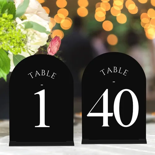Miniatura 20 de JOYIT Números de Mesa de Boda en Arco 1-10 con Soportes – Letreros Acrílicos Impresos por Ambos Lados de 5" X 7" con Fondo Negro y Texto Blanco