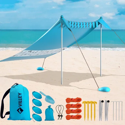 Miniatura 9 de Villey Tienda de campaña de playa con protección UPF50+, parasol portátil de 8 x 7 pies con 2 postes de estabilidad, 8 clavijas de tierra, 4 sacos