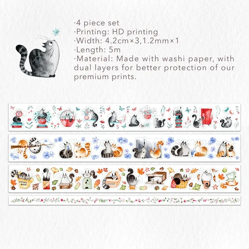 Miniatura 2 de WT Chonky Cat Washi - Juego de calcomanías de cinta Washi, 4 rollos, diseños originales, calcomanía decorativa de acuarela de lindo gato, calcomanía